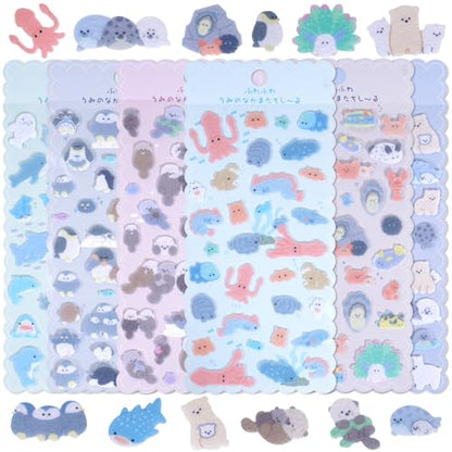 Cute Kawaii Sea Creature Stickers – Soft Flocked Felt 3D Sticker with Lobster,Penguins,Seals,Otters,Sharks & Whales – Textured Stickers for Adults,Scrapbooking & Planner Decor, 6 Sheets