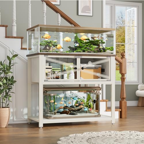 40-50 Gallon Aquarium Stand with Heavy Duty Metal Frame, Fish Tank Stand with Power Outlets, Two Glasses Door Storage Cabinet, Suitable for Turtle Tank, Reptile Tank, White+Brown