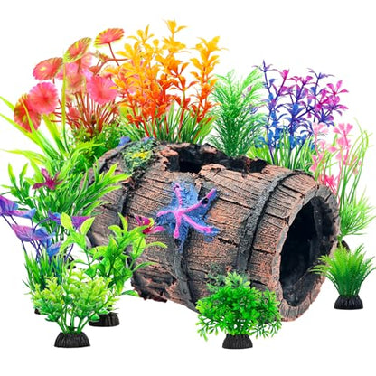 Fish Broken Barrel Decor Fish Tank Decorations Betta Fish Tank Accessories,Starfish Barrel x 1pc, Aquarium Plants x 11pcs - size: 12 Pcs