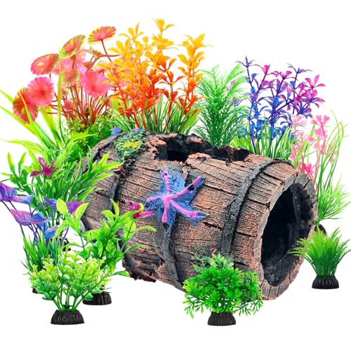 Fish Broken Barrel Decor Fish Tank Decorations Betta Fish Tank Accessories,Starfish Barrel x 1pc, Aquarium Plants x 11pcs - size: 12 Pcs
