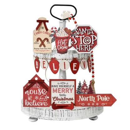 Smile Christmas Indoor Decoration, Tiered Tray Decor Set Wooden Centerpiece, We Believe Tabletop Wooden Decoration for Xmas Home - style: Christmas Rustic