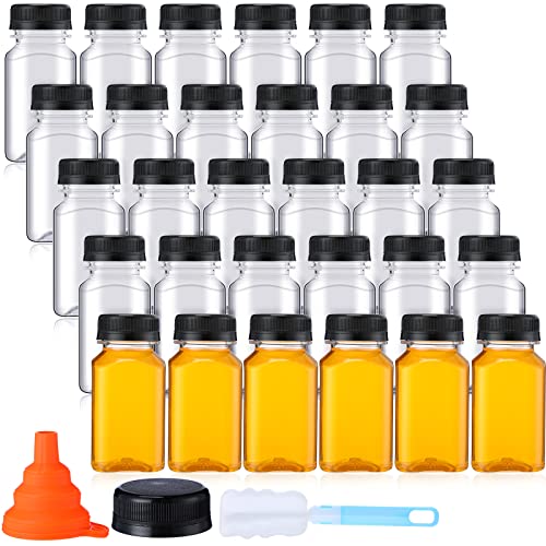 Nuogo 36 Pack 5 oz Plastic Juice Bottles Bulk with Lids Reusable Transparent Clear Drink Containers Caps Mini Bulk Beverage Water Bottle with Funnel and Brush for Juicing Milk Drinking(Black Lid) - color: Black Lid