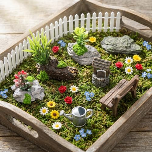 Kai Dream Miniature Fake Stone Rocks, Trees Stumps with Plants -7 Piece Decorative Landscape Ornaments for Fairy Garden Accessories, Zen Garden, Diorama