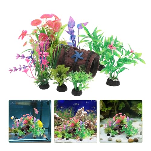 Homoyoyo 9pcs Broken Barrel Aquarium Decorations with 8 Artificial Plastic Plants Betta Fish Tank Cave Hideout Shelter Ornament for Shrimp, Goldfish, and Reptiles