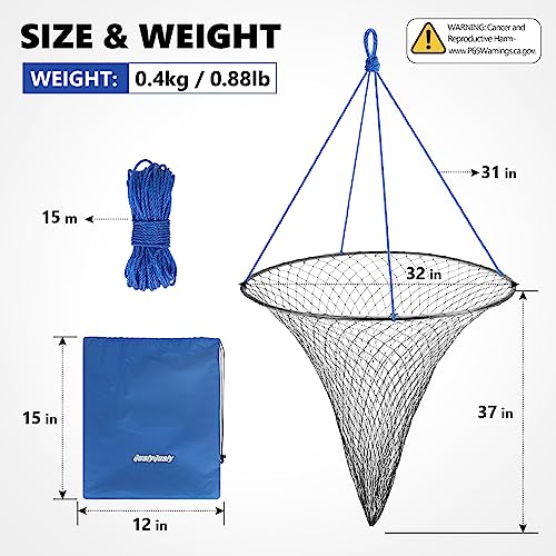 Large Bridge and Pier Fishing Net 32''/39'' Hoop, Foldable Drop Net Pier Fishing for Saltwater with Rope, Landing Net with Nylon Mesh, Collapsible Soft Steel Ring - color: Gray, size: M: 32''×36''