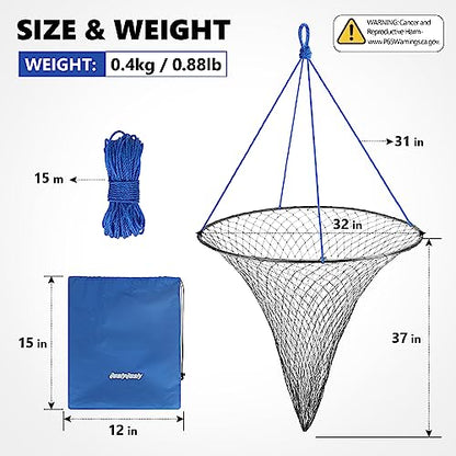 Large Bridge and Pier Fishing Net 32''/39'' Hoop, Foldable Drop Net Pier Fishing for Saltwater with Rope, Landing Net with Nylon Mesh, Collapsible Soft Steel Ring - color: Gray, size: M: 32''×36''