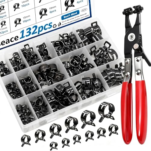 132Pcs 6-25mm Spring Hose Clamps With Hose Clamp Plier 16-sizes Constant Tension Hose Clamp used for Fuel Line，Vacuum Hose，Air Hose Spring Band Hose Clamp Kit - size: 6-25mm 132pcs