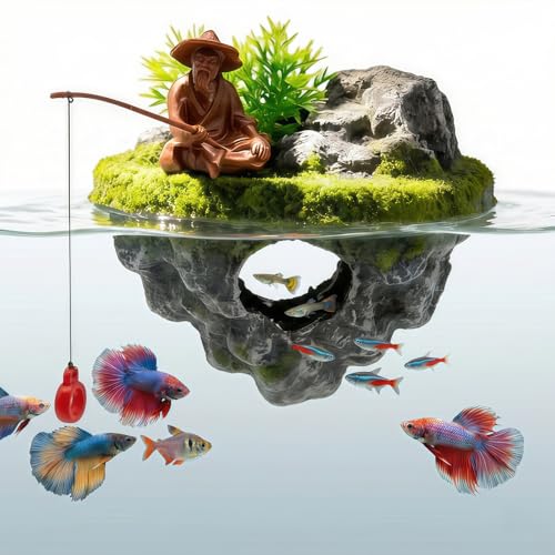 Floating Aquarium Decor with Interactive Fish Feeding Hook, Fish Tank Decorations for Betta, Guppy & Shrimp, Safe ABS Material Floating Fish Tank Decor, 3D Old Man