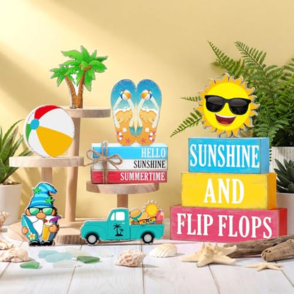 11 Pcs Summer Decorations Set Sunshine Tiered Tray Decor Hello Sweet Summer Wooden Blocks Flip Flops Coconut Tree Centerpiece for Home Office Decorations - style: Hawaiian