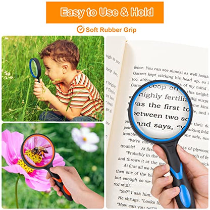 2PCS Upgrade 10X Magnifying Glass, Large Handheld Magnifier Magnafying. Glasses for Kids/Seniors Reading, 3 Inch Shatterproof Lupa Magnify Glass Lens, Rubber Handle - for Observation