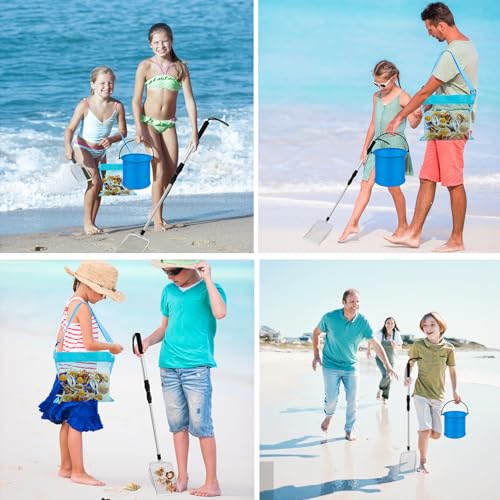 4pcs Shelling Scooper Tools for Beach, Adjustable Shark Tooth Sand Sifter with Mesh Shell Collecting Bag Foldable Beach Bucket Beach Scoop Shovel Toys for Adults Kids Picking Seashell Rock Hunting(B) - color: Blue