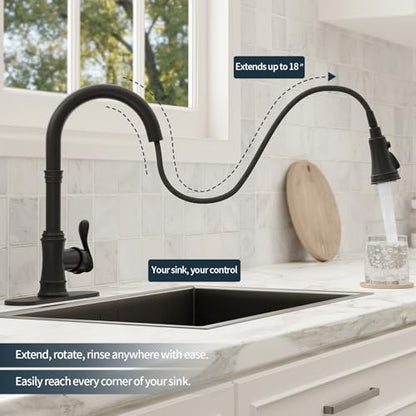 BWE Black Kitchen Faucet with Pull Down Sprayer, Solid Brass High Arc Single Handle Sink Faucet for Farmhouse Kitchen, 3 Spray Modes