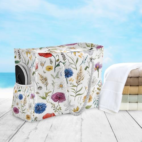 senya Large Beach Bags Totes Canvas Tote Shoulder Bag Soft Wave Water Resistant Bags for Gym Travel Daily Ocean - color: Hand Drawn Flowers