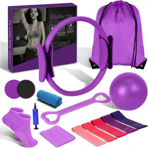 15PCS Pilates Kit for Home Workouts - Complete Set with Pilates Ring, Exercise Ball, Resistance Bands, Core Sliders & Workout Guide - Full Body Toning & Core Strength for Women Beginners