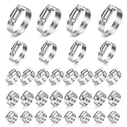 Stainless Steel Hose Clamps Assortment Kit, 32 Pack Adjustable 1/4-2 Inch (6-51mm) Worm Gear Pipe Hose Clamps, Heavy Duty Fuel Line Hose Clips for Plumbing, Automotive, Mechanical Applications