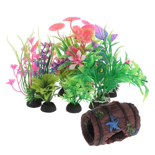 Homoyoyo 9pcs Broken Barrel Aquarium Decorations with 8 Artificial Plastic Plants Betta Fish Tank Cave Hideout Shelter Ornament for Shrimp, Goldfish, and Reptiles
