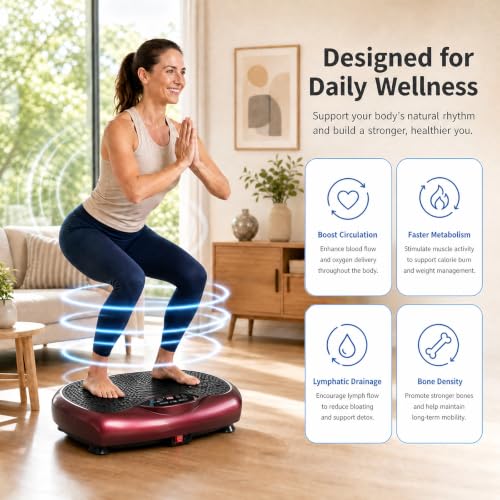 Natini Vibration Plate Exercise Machine, 990 Speed Levels Whole Body Vibrating Plate for Lymphatic Drainage, Home Workout Equipment with Resistance Bands, Remote, 330 lbs Capacity for Home Gym - color: Red