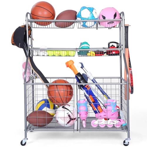 Kinghouse Garage Ball Organizer, Includes Storage Bin, Bat Holder, Hooks | Rolling Sports Equipment Organizer with Wheels, for Basketball, Toys, for Garage, Indoor, Gym, Outdoo - color: Gery