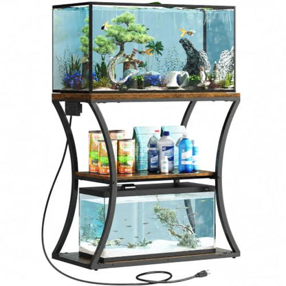 20-29 Gallon Fish Tank Stand with Power Outlet, 3-Tier Aquarium Stand with Storage, Heavy Duty Metal Frame Tank Rack for Home Office, 31.5" L x 15.7" W x 30.4" H, Rustic Brown
