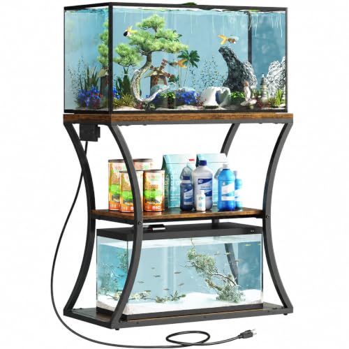 20-29 Gallon Fish Tank Stand with Power Outlet, 3-Tier Aquarium Stand with Storage, Heavy Duty Metal Frame Tank Rack for Home Office, 31.5" L x 15.7" W x 30.4" H, Rustic Brown