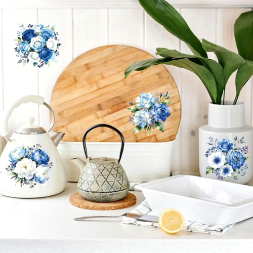 Peacoblue 18 Sheets Rub on Transfers for Crafts, Blue Flower Bunch 3.6"x3.9" UV DTF Cup Wraps Waterproof Rub on Cold Transfers Stickers for Wood Glass Metal Cup Tumblers Mirrors Mugs Home Decor - style: Blue Flower Bunch