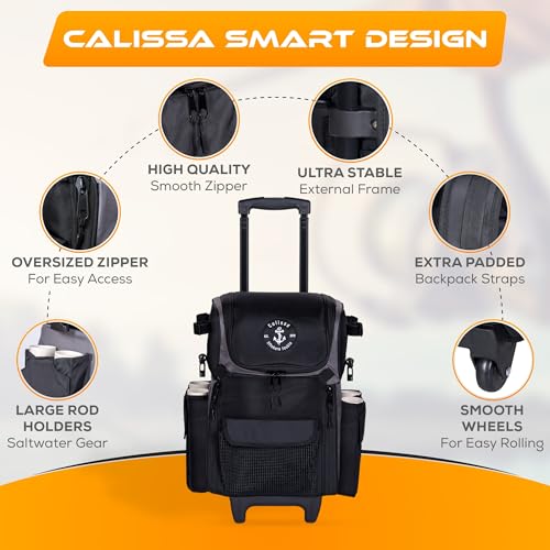 Calissa Offshore Rolling Fishing Tackle Box with Wheels, Waterproof Fishing Backpack with Rod Holders Storage Bag Roller