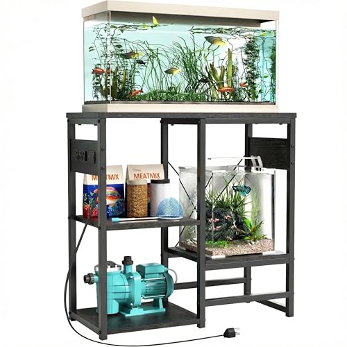 5-10 Gallon Fish Tank Stand with Power Outlets, 4 Tier Metal Aquarium Stand with Wood Storage Shelves, 20.3" L x 10.6" W x 30.3" H Turtle Reptile Fish Tank Table Aquarium Table - Black