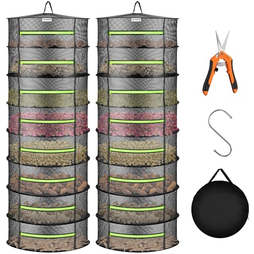 VIVOSUN 2-Pack 8-Layer Mesh Drying Rack Hanging Design with Green Zippers for Dehydrating, Indoor and Outdoor (Pruning Shears Included)