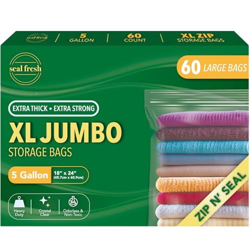 Seal Fresh 5 Gallon Large Plastic Storage Bags – 18" x 24" (60 Count) – Reusable XXL Extra Large Clear Jumbo Zip Lock Bags with Sealable Zipper Top For Clothes, Travel, Moving