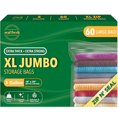 Seal Fresh 5 Gallon Large Plastic Storage Bags – 18" x 24" (60 Count) – Reusable XXL Extra Large Clear Jumbo Zip Lock Bags with Sealable Zipper Top For Clothes, Travel, Moving