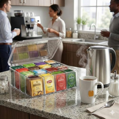 Socks Underwear Drawer Organizer, 16 Compartment Clear Plastic Storage Box with Lid & Adjustable Dividers, Tie Box, Tea Bag Organizer, Acrylic Organizer Box (12x10x3.9 Inch)