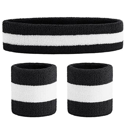 ONUPGO Sweatband Set Sports Headband Wristband Set Sweatbands Terry Cloth Wristband Wrist Sweatband Headbands Moisture Wicking Sweat Absorbing Head Band - color: Black/White/Black