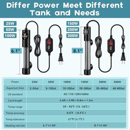 hygger Submersible Aquarium Heater, Small Adjustable Fish Tank Heater with 2 Suction Cups, Temperature Controller, Over-Temperature Off-Water Protection for Saltwater Freshwater (25W, 2-5 Gallon)