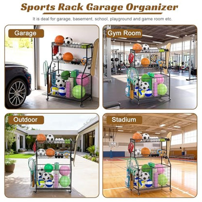 Heavy Duty 3-Tier Sports Equipment Organizer, Large Capacity Garage Storage Rack with 5 Removable Mesh Baskets, Lockable Casters, Bat Holder & Hooks for Balls, Rackets, Gear in Home, Gym, Sc