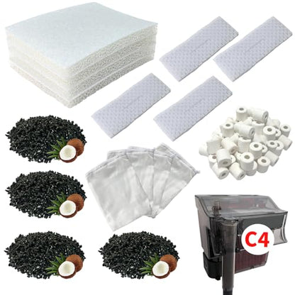 13 Set Aquarium Filter Media Kits Replacement for Fluval C4 (40-70 Gal) Aquarium Power Filter, Includes 4 Foam Pads, 4 Tarpaulins, 4 Activated Carbons, 1 Ceramic Ring
