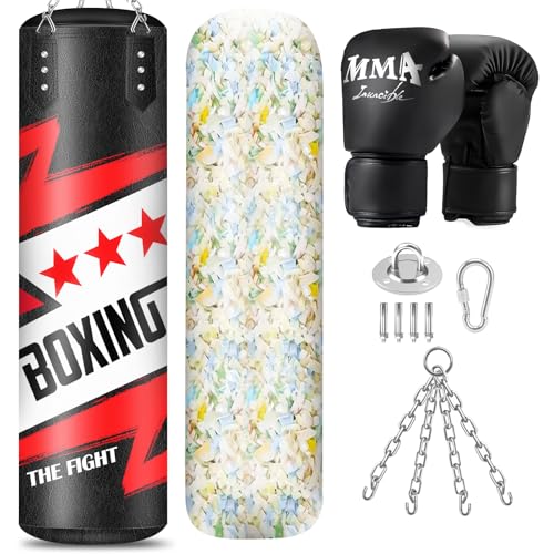 Filled Punching Bag for Adults, 4FT Boxing Bag with Sponge Filler & Gloves | PU Leather Hanging Punching Bag, Heavy Kicking Bag Boxing Equipment for MMA Training Karate Kickboxing - style: Fighting