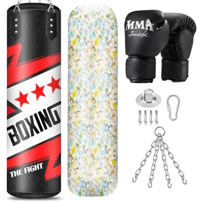 Filled Punching Bag for Adults, 4FT Boxing Bag with Sponge Filler & Gloves | PU Leather Hanging Punching Bag, Heavy Kicking Bag Boxing Equipment for MMA Training Karate Kickboxing - style: Fighting