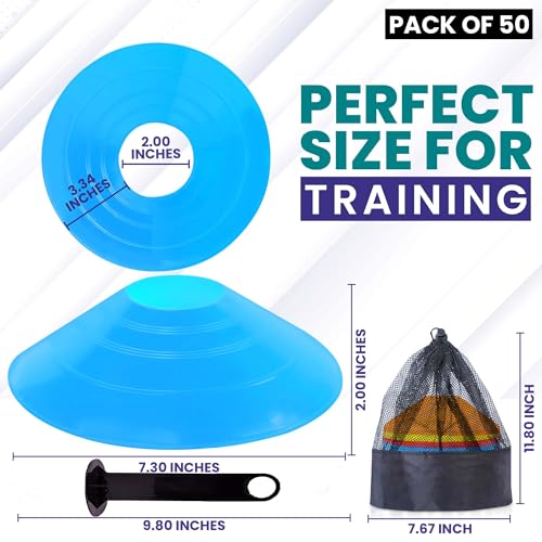Soccer Cones 100/50/25 Pack with Carry Bag & Holder Five Colors | Agility Disc Cones Set for Training | Sports Practice Equipment for Soccer, Football, Basketball, Coaching & Speed