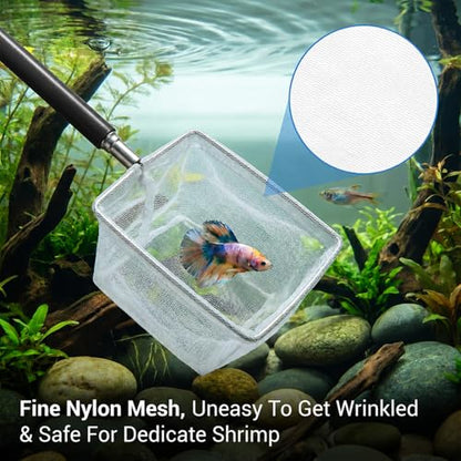 2 Pcs Aquarium Net, Stainless Steel Fish Nets for Aquarium Tiny Fish Tank Net with Extendable Stainless Steel Handle Round Aquarium Fine Mesh for Shrimp Baby Fish Food Residue Debris Skimming