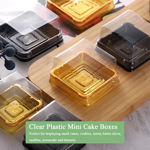 50Pcs Square Plastic Cake Boxes with Lids, 2.73" Clear PET Dessert Containers for Cupcakes, Muffins, Pastries, Bakery Packaging for Wedding, Birthday, Party Favors (gold base) - color: gold base