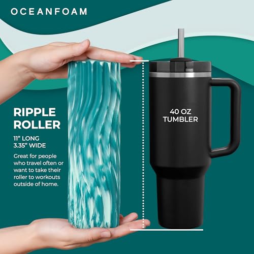 Oceanfoam Ripple Travel Foam Roller (11" x 3.35") Firm Mini Foam Roller for Physical Therapy, Deep Tissue Massage, Back Pain - High Density, Wave Textured - Yoga, Exercise (Jade & Seafoam Marbled) - color: Jade & Seafoam Marbled