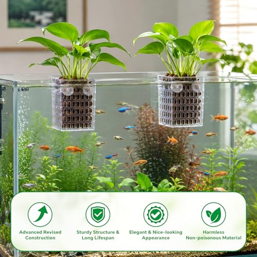2 Pack Upgraded Aquarium Plant Holder, Adjustable Height Fish Tank Planter with Suction Cups & Extendable Hooks, Transparent Aquaponic Plant Holder for Aquascape Decoration