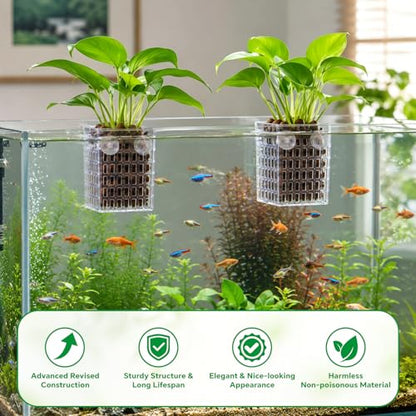 2 Pack Upgraded Aquarium Plant Holder, Adjustable Height Fish Tank Planter with Suction Cups & Extendable Hooks, Transparent Aquaponic Plant Holder for Aquascape Decoration