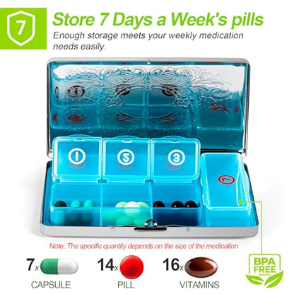 Pill Organizer with 3 Compartments 7 Day Metal Pill Box for Fish Oil/Food Supplements Travel Pill Box. (Rectangle-Silver, Large Rectangle) - color: Rectangle-silver
