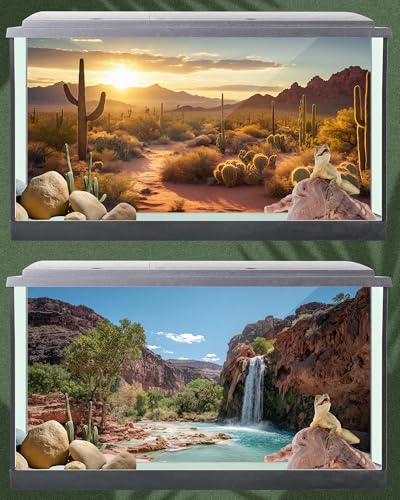 4 Pcs 48 x 24 Inch Reptile Tank Background Reptile Tank Accessories Polyester Terrarium Background Decor for Leopard Gecko Turtle Bearded Dragon(Canyon Waterfall, Bark, Cactus, Gobi Desert)