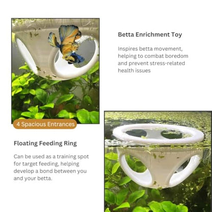 Floating Betta Hide Out, Betta Enrichment Toy. Feeding Ring for Fish & Shrimp, Safe Plastic Aquarium Ornament. (White)