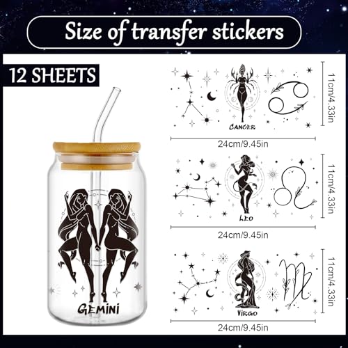 Constellation UV DTF Cup Wraps - 12 Sheets Twelve Zodiac Signs Uvdtf Decals for 16 oz Glass Cups, Black Astrology UV Transfer Stickers, Waterproof Rub on Transfer for Water Bottle DIY Crafts - style: Twelve Zodiac Signs