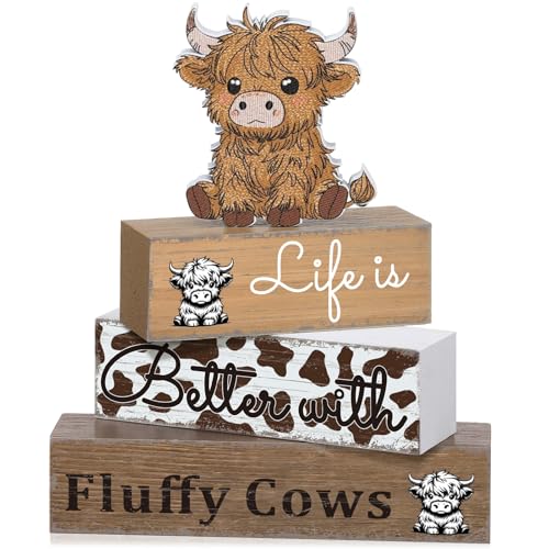 4 Pcs Highland Cow Table Decorations Cow Wooden Signs Rustic Tiered Tray Decor Western Tabletop Centerpieces Farmhouse Highland Decor for Home Desk Room Kitchen Shelf - style: Cattle