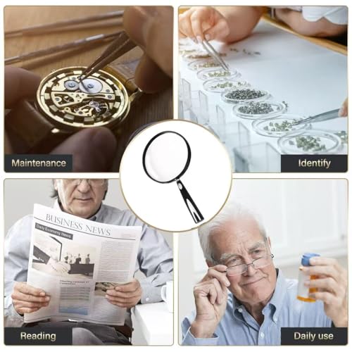 Handheld Reading Magnifier, 10X Magnifier, 130mm Shatterproof Lens, Non-Slip Handle for Adults Close Work, Seniors Reading and Nature Exploration, Hobby Observation(Silver/Black)