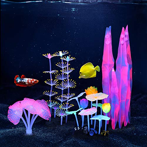 4 Pack Glow Aquarium Decorations Coral Anemone Lotus Leaf Seaweed Simulation Glow Plant Glowing Effect Silicone for Fish Tank Decorations - color: 4 Pcs(branch Coral+anemone+lotus Leaf+seaweed)